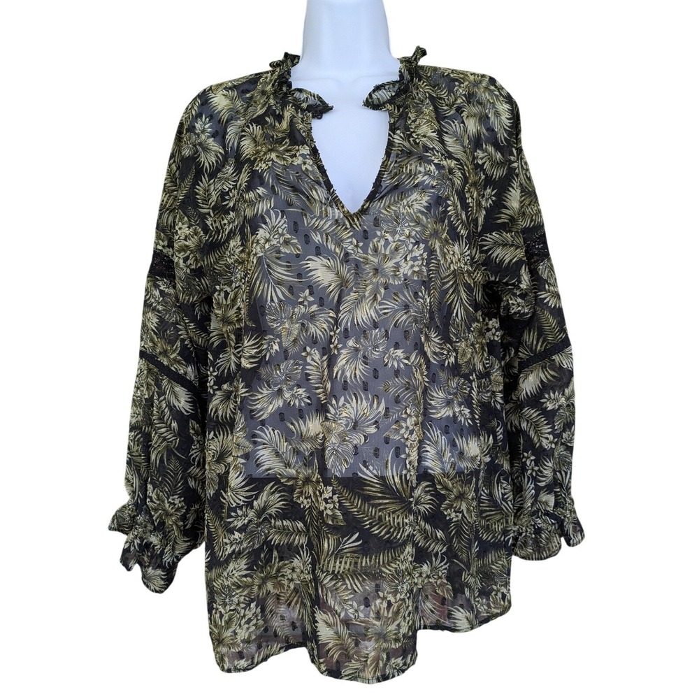 Zara Tunic Blouse Womens Medium Black Floral Sheer Chiffon Ruffle Sleeve Boho